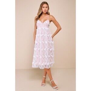Lulus Lovely Excellence Blush And White 3d Floral Applique Midi Dress Pink